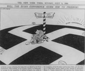 Dessin publi dans le New York Times  l'occasion de la confrence d'Evian (Haute-Savoie), exprimant l'impossibilit pour un homme 'non aryen' de trouver un pays dans lequel se rfugier. Etats-Unis, 3 juillet 1938.