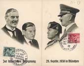 Carte postale commmorant les accords de Munich
signs dans la nuit du 29 au 30 septembre 1938 par Arthur Neville Chamberlain, douard Daladier, Benito Mussolini et Adolf Hitler. Allemagne, 1938.