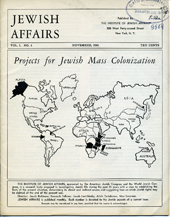 Projets de colonies juives. The Institute of Jewish Affairs. Vol.1  n4. New-York, Etats-Unis, Novembre 1941