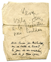 Mot écrit par Benjamin Fondane à l'attention de son épouse Geneviève le jour de son arrestation et retrouvé sur sa table de travail.