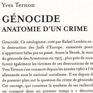 Extrait de la 4e de couverture de l’ouvrage "Génocide, anatomie d’un crime" d'Yves Ternon, Armand Colin, 2016.